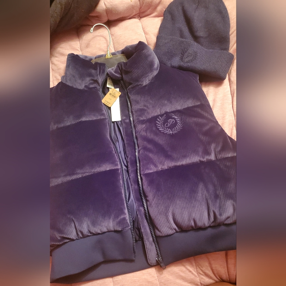 Victorias Secret Cropped Puffer Jacket And Beanie Hat Dark Blue